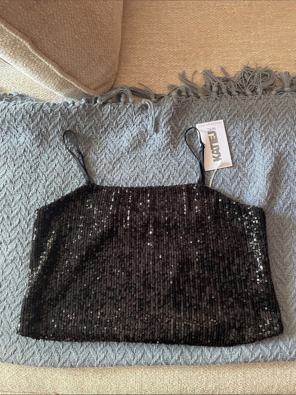 Katie J NYC Black Sequin Spaghetti Strap Crop Top NWT $70 Size XL